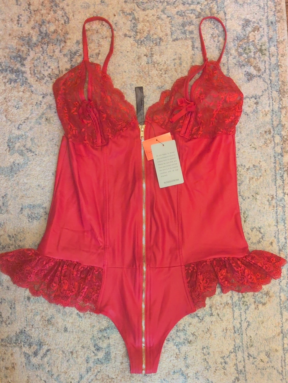 Ann Summers Red Lace-Trim Zip-Front Chemise Bodysuit